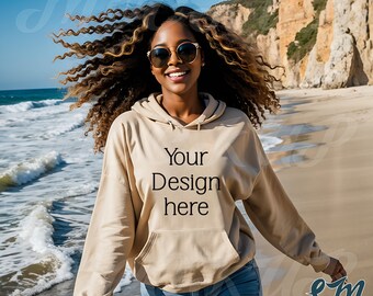 Gildan Beach Hoodie Mockup | Sand 18500 Hooded Sweatshirt Black Woman Model | Outdoor Aesthetic | Tropical Summer Vibes | Front