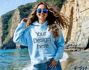 Gildan Beach Hoodie Mockup | Light Blue 18500 Hooded Sweatshirt American Woman Model | Outdoor Aesthetic | Tropical Summer Vibes | Front