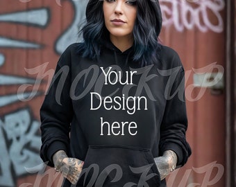 Grunge Hoodie Mockup | Alternative Goth Street Style | Black Gildan 18500 Hooded Sweater Product Photo | Tattooed Punk Woman | Edgy Mock Up