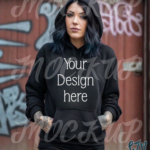 Grunge Hoodie Mockup | Alternative Goth Street Style | Black Gildan 18500 Hooded Sweater Product Photo | Tattooed Punk Woman | Edgy Mock Up