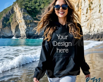 Gildan Beach Hoodie Mockup | Black 18500 Hooded Sweatshirt American Woman Model | Outdoor Aesthetic | Tropical Summer Vibes | Front