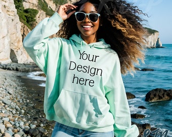 Gildan Beach Hoodie Mockup | Mint Green 18500 Hooded Sweatshirt Black Woman Model | Outdoor Aesthetic | Tropical Summer Vibes | Front