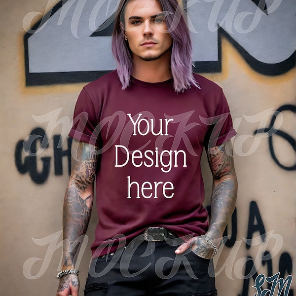 Grunge Tshirt Mockup | Alternative Goth Street Style | Maroon Gildan 5000 Product Photo | Tattooed Punk Man | Edgy Mock Up | BC 3001