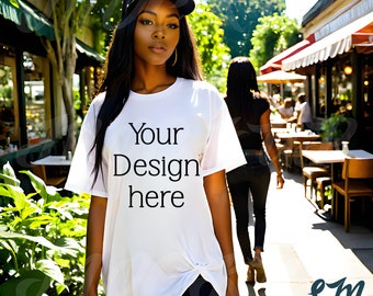Street Black Model Mockup | White Bella Canvas 3001 Tshirt Mock Ups | Urban City Style Vibes |  Outdoor Summer | African American | Front
