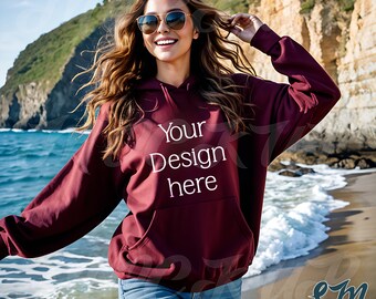 Gildan Beach Hoodie Mockup | Maroon 18500 Hooded Sweatshirt American Woman Model | Outdoor Aesthetic | Tropical Summer Vibes | Front