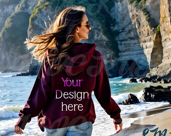 Gildan Beach Hoodie Mockup | Maroon 18500 Hooded Sweatshirt American Woman Model | Outdoor Aesthetic | Tropical Summer Vibes | Back