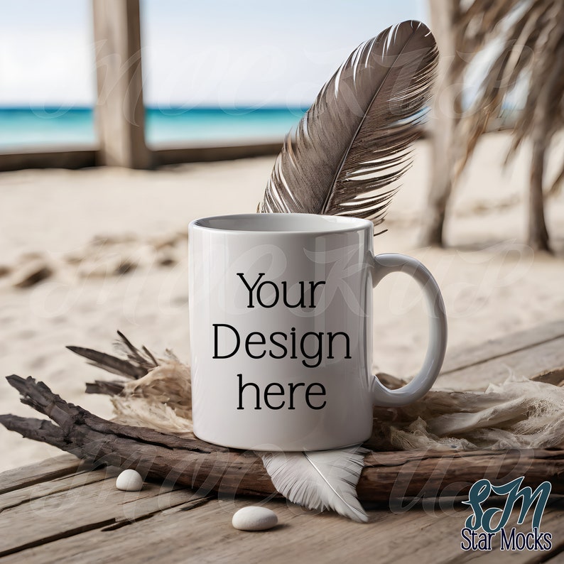 Maqueta de taza blanca / Maqueta de taza de café / Taza de cerámica de 11 Oz / Foto de archivo AI / Día de las Madres / Fondo de playa / Diseño de verano Boho imagen 1