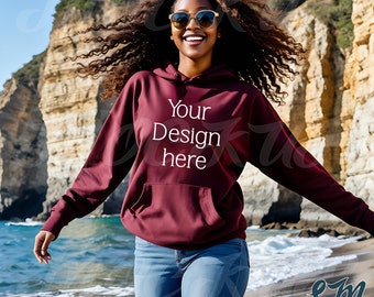 Gildan Beach Hoodie Mockup | Maroon 18500 Hooded Sweatshirt Black Woman Model | Outdoor Aesthetic | Tropical Summer Vibes | Front