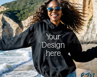 Gildan Beach Hoodie Mockup | Black 18500 Hooded Sweatshirt Black Woman Model | Outdoor Aesthetic | Tropical Summer Vibes | Front