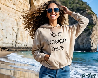 Gildan Beach Hoodie Mockup | Sand 18500 Hooded Sweatshirt American Woman Model | Outdoor Aesthetic | Tropical Summer Vibes | Front