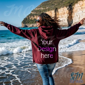 Gildan Beach Hoodie Mockup Maroon 18500 Hooded Sweatshirt Black Woman Model Outdoor Aesthetic Tropical Summer Vibes Back image 1