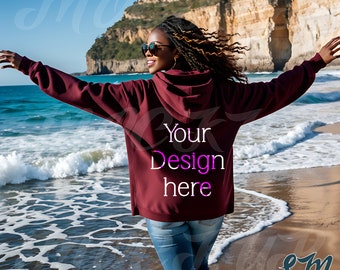 Gildan Beach Hoodie Mockup | Maroon 18500 Hooded Sweatshirt Black Woman Model | Outdoor Aesthetic | Tropical Summer Vibes | Back