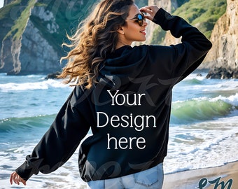 Gildan Beach Hoodie Mockup | Black 18500 Hooded Sweatshirt American Woman Model | Outdoor Aesthetic | Tropical Summer Vibes | Back