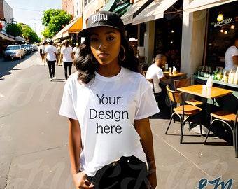Street Black Model Mockup | White Bella Canvas 3001 Tshirt Mock Ups | Urban City Style Vibes |  Outdoor Summer | African American | Front