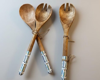 Pair of Sardine design enamelled solid Mango wood salad server utensils.