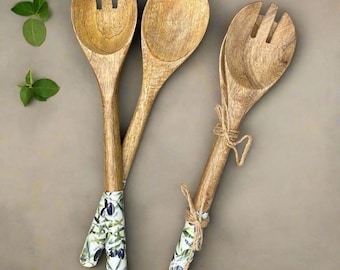Pair of Olive Grove design enamelled solid Mango wood salad server utensils.