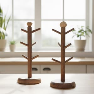 Mango Wood Mug Tree: Woven Knob, 6-Mug Capacity