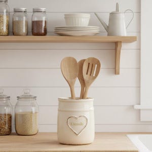 Cream ceramic embossed heart utensil pot