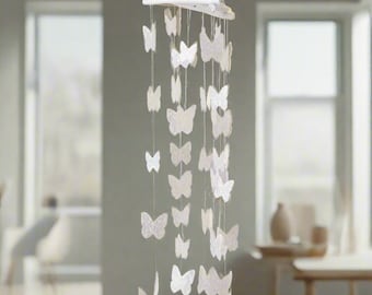 White capiz shell butterfly wind chime - ideal for the home or garden. approx. 60cm long