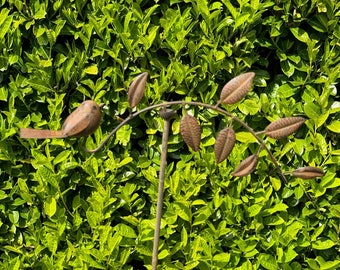 Hand painted tin robin and branch balancer / wind spinner ornament - ideal inserted into a lawn or a plant pot approx 120cm high x 60cm wide