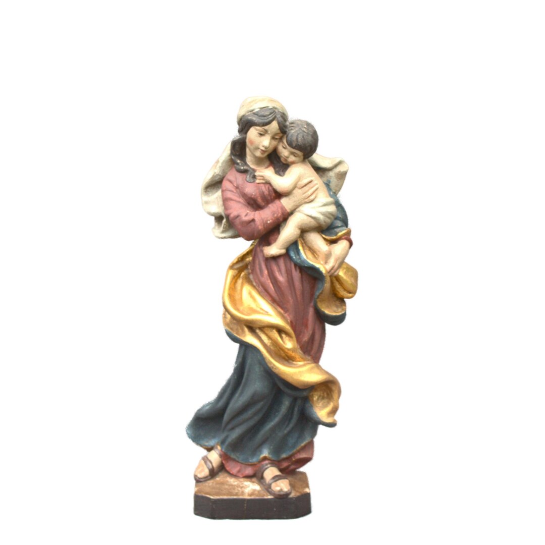 Antique 19th Century Virgin Mary W Child Madonna Statue Wood 19 ...