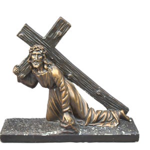 Antique statue of Jesus carrying the Cross chalkware plaster figurine ideal for Catholic Christianity home altar decor cherished as an heir