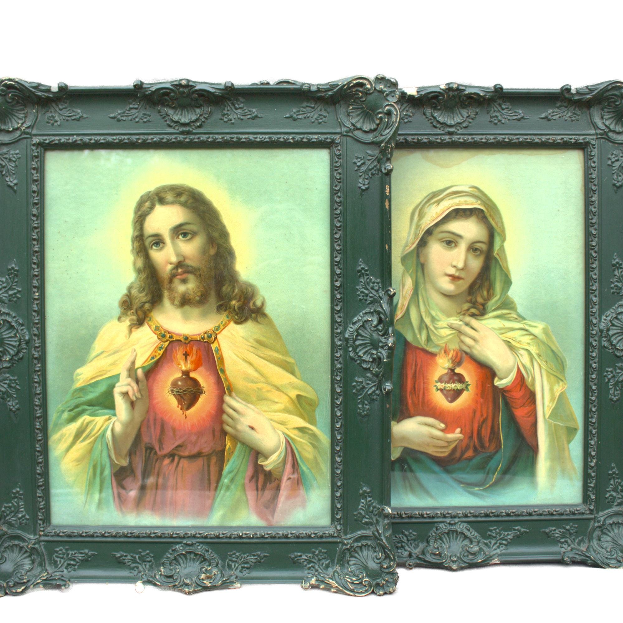 Antique Pair of 1910s Jesus Christ Sacred Heart & Virgin Mary
