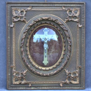 Antique french frame crucifix convex dome glass ornate trim detail gilded details unique rare find religious cross  wood plaster finishing