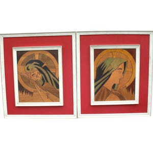 vintage Paire de cadres en bois sculpté Jésus-Christ et Vierge Marie Religieux catholique européen trouvaille religieuse France authentique signé Michelli