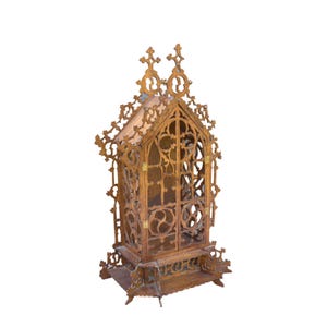 Antike französische Holzschnittkapelle Schrein Triptyque Nische für Heilige Statue religiöse Handwerkskunst handgemachtes gothic Housewarminggeschenk