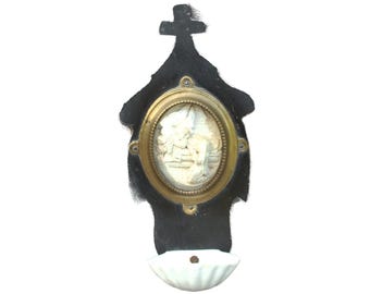 Antieke Franse Napoleon III wijwaterlettertype 6,89" 17,5 cm dood van Bernadette meerschuim reliekschrijn uniek souvenir Lourdes Frankrijk stuk