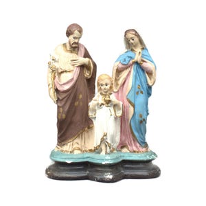 Antique french Holy Family Mary Jesus Joseph Child statue 10.24&quot; 26cm christian religious chalckware church piece unique catholic home decor