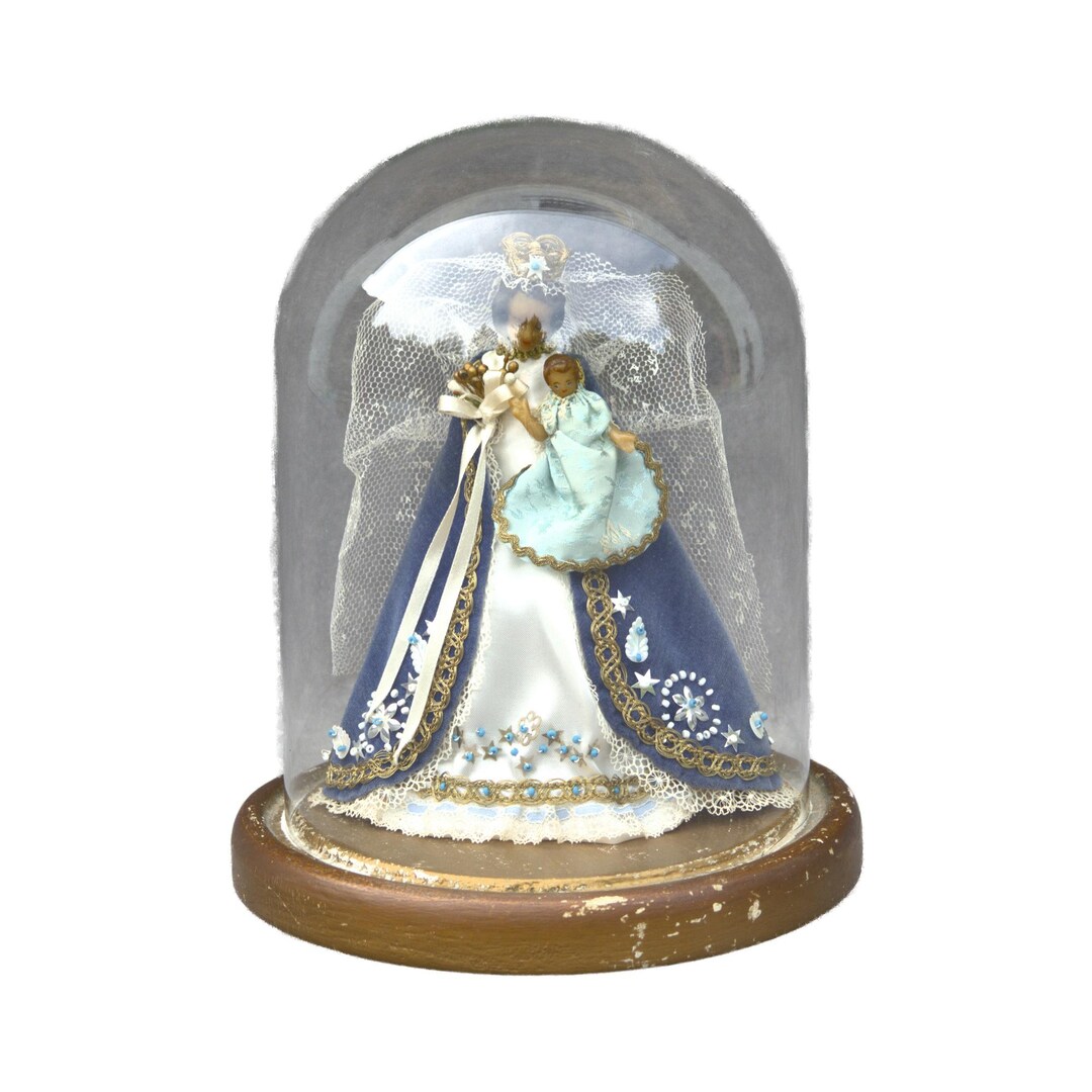 Antique Bell Jar Glass Dome Cloche With Wax Statue Virgin Mary With ...