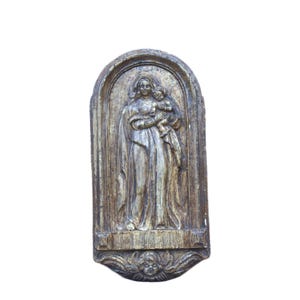 Vintage 1940 gipsen Madonna met kind reliëf Marian icoon aan de muur met engel cherubijn katholieke devotionele sculptuur cadeau-idee aanwezig
