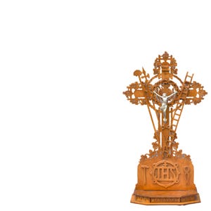 Large Antique Passion Crucifix – ca. 1900 Black Forest Standing Cross with Silver Christ & Carved Symbols religious home decor christianity