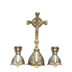 Religious antique Crucifix with 2 candlesticks  Catholic brass colour attic rare find historical timepiece home altar domestic house Church