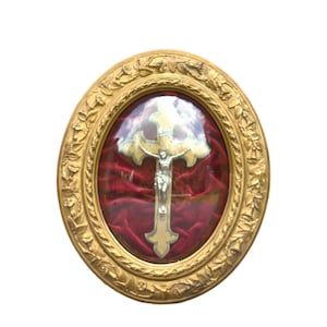 Antique crucifix under convex glass dome cloche with gilded oval ormolu frame with red velvet Religious  Catholic rare find France authentic