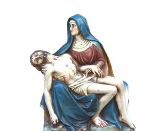 Antik Pieta-staty Maria med sin son Jesus gipsfigur krita 31 cm religiöst föremål unik heminredning present till henne honom 1940