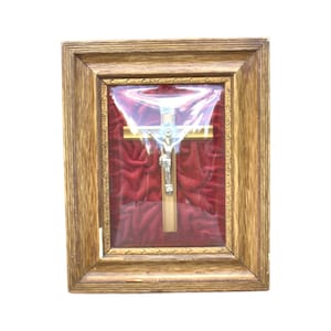 Antique crucifix under convex glass dome cloche in rectangular frame french piece of heritage