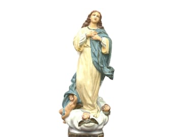 Antique statue Our Lady of Assumption Madonna with cherubs angels putti in paper mache Mary catholic home altar  decor museum quality