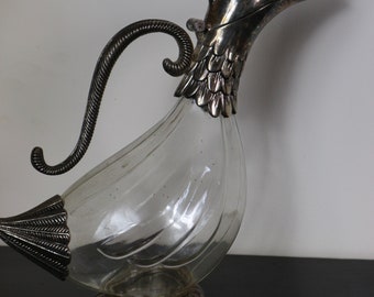 ancien pichet carafe en forme de CANARD en metal argenté & verre SILEA