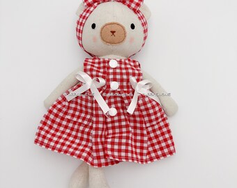 Handmade fabric teddy doll, Beautiful linen fabric toy, Heirloom bear doll, Unique art plushy