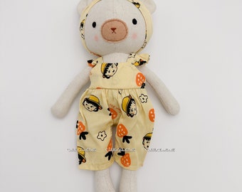 Handcrafted teddy bear doll with overalls, Best price plushy, Soft toy for children, Linen fabric dolly