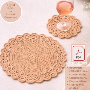 May include: Two beige crochet doilies, one with a wine glass. The doilies have a scalloped edge and a circular design. The image includes a PDF pattern graphic with the text "PDF PATTERN". The text "Digital Item" and "Instant Download" is also visible.