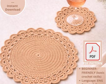 Crochet Placemat PDF Pattern | Round Placemat & Coaster Crochet Pattern | Beginner Friendly | Cord Crochet | Lace Edge PDF
