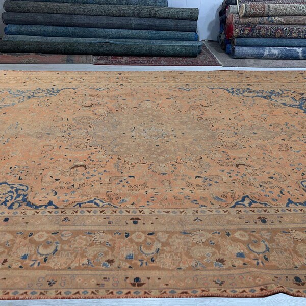 9x12 Distressed Area Rug| Vintage Medallion Rug 9x12 | Overdyed Antique Rug | Traditional Rug For Living Room | Dining Table Floral Rug