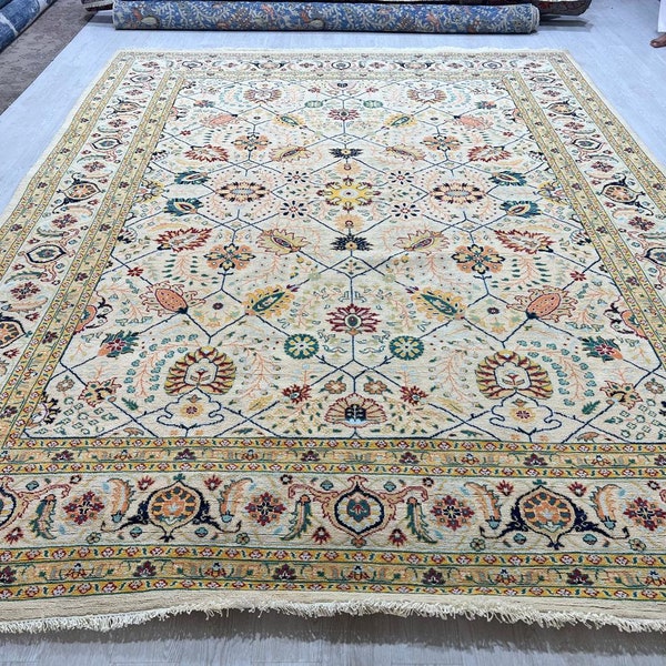 10x13 Gold Turkish Oriental Area Rug - Handmade Floral Wool Rug - Rug For Bedroom - Hall Rug XL - Dining Table Rug - Living Room Modern Rug