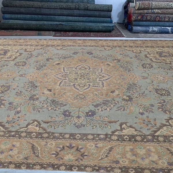 9x12 Medallion Tabriz Vintage Area Rug| Vintage Veg Dyed Rug 9x12 | Overdyed Accent Rug | Distressed Rug For Living Room | Dining Table Rug