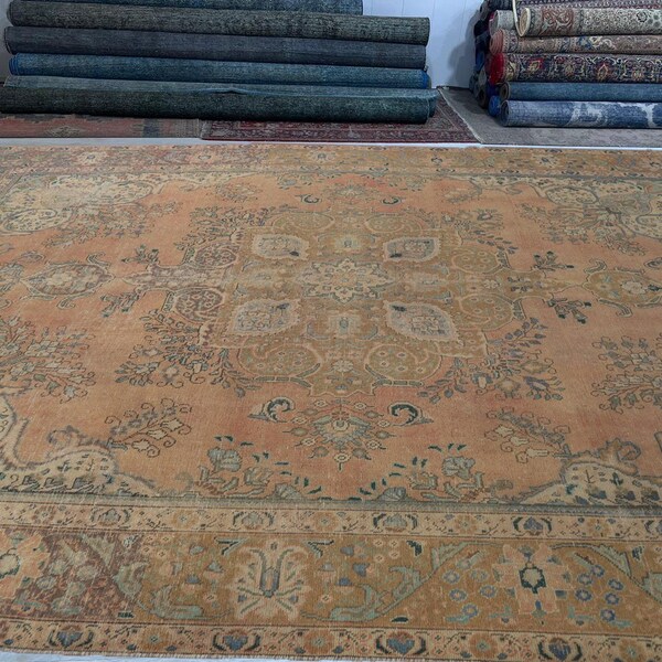 9x12 Medallion Tabriz Vintage Area Rug| Vintage Veg Dyed Rug 9x12 | Overdyed Accent Rug | Distressed Rug For Living Room | Dining Table Rug