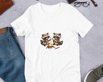 Ik Hou van Kampvuur en Wasberen T-shirt | Cadeau voor Vriendin | Cartoon Kunst T-shirt | AI Ontwerp | Unisex T-shirt
